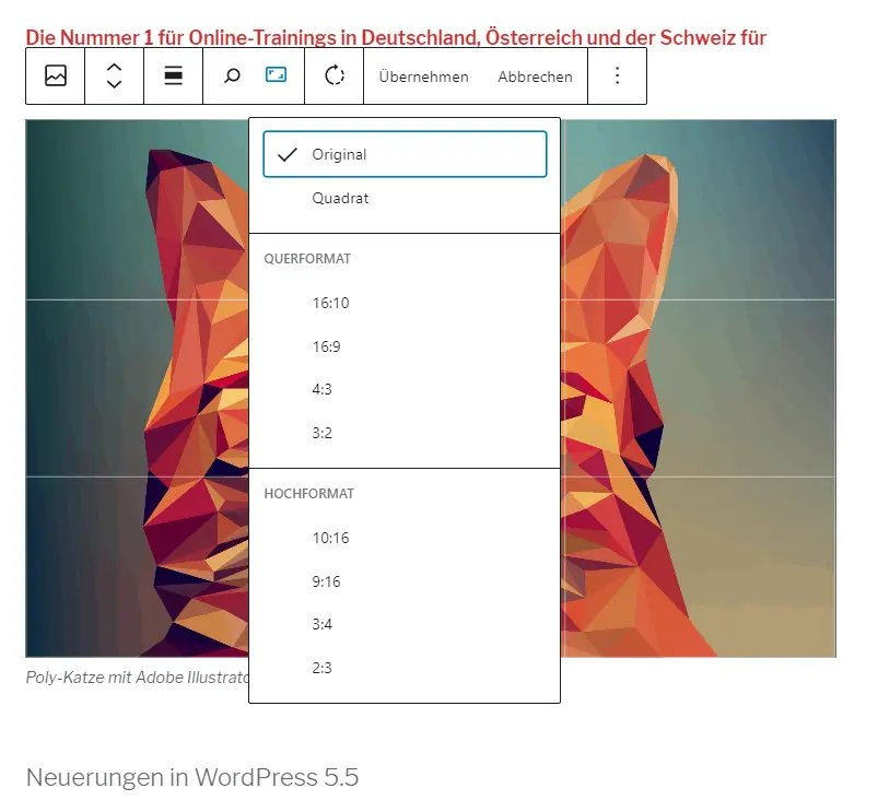 WordPress 5.5, Neuerungen, Bearbeiten von Bildern im Block-Editor