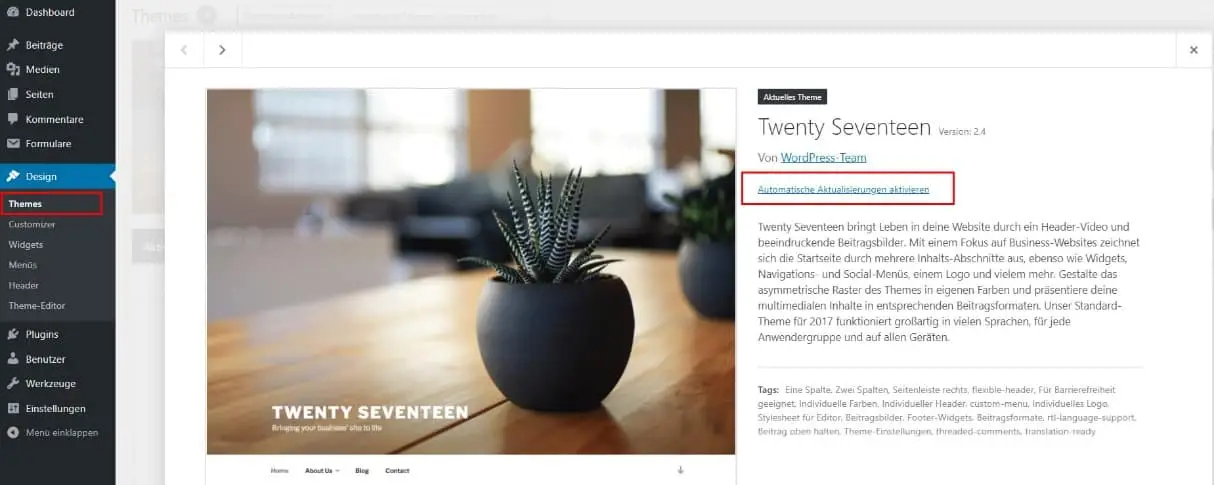 WordPress 5.5, Neuerungen, Aktualisierung Theme