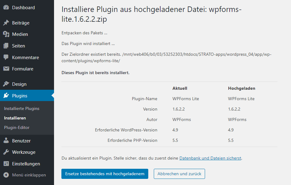 WordPress 5.5, Neuerungen, Aktualisieren von Plugins durch Hochladen einer neuen Version