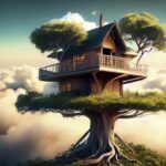 Ein-Baumhaus-in-den-Wolken-an-einem-sonnigen-Tag-surreal