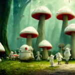 bunte-zwerge-laufen-in-einem-zauberwald-an-riesigen-fliegenpilzen-vorbei-2