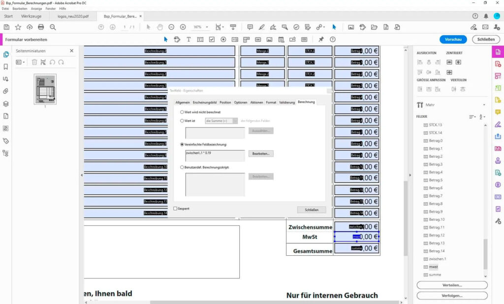 Acrobat Formulare Berechnung Kurs