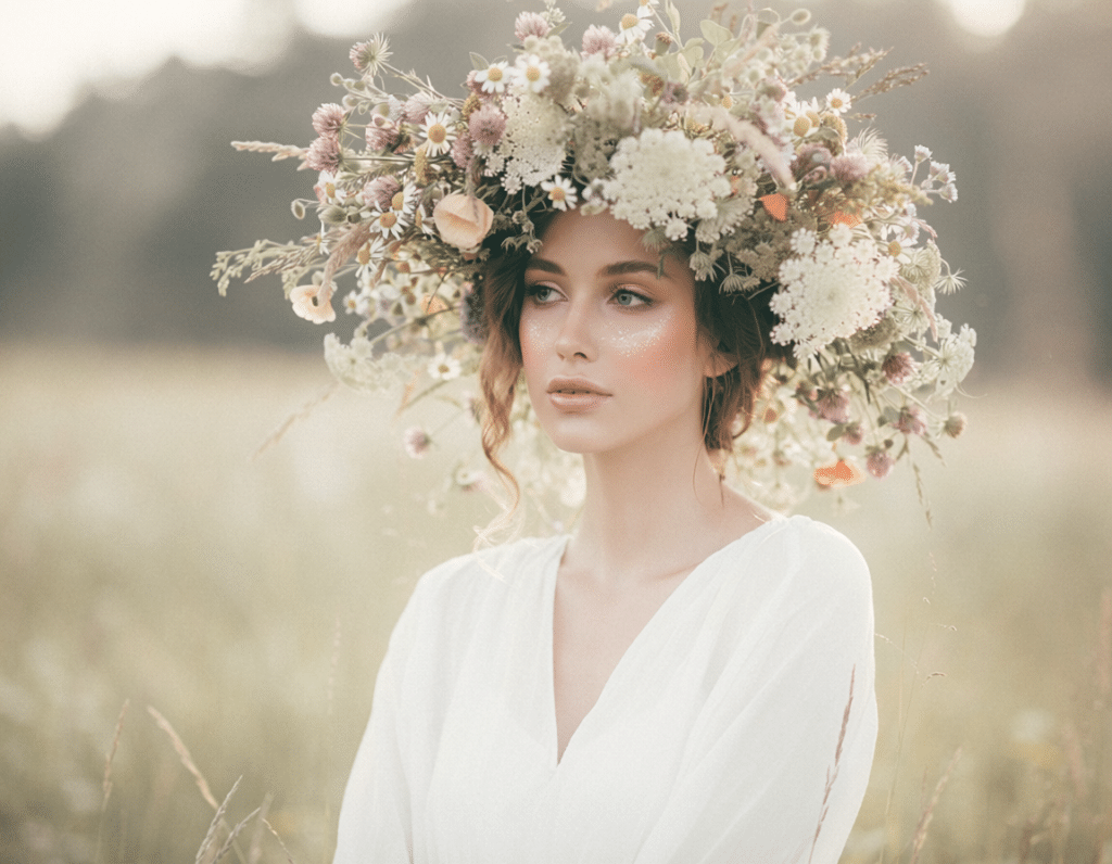Firefly 5 KI generiertes Bild Frau mit Blumenkranz, Beispiel unserTRAINING Schulung