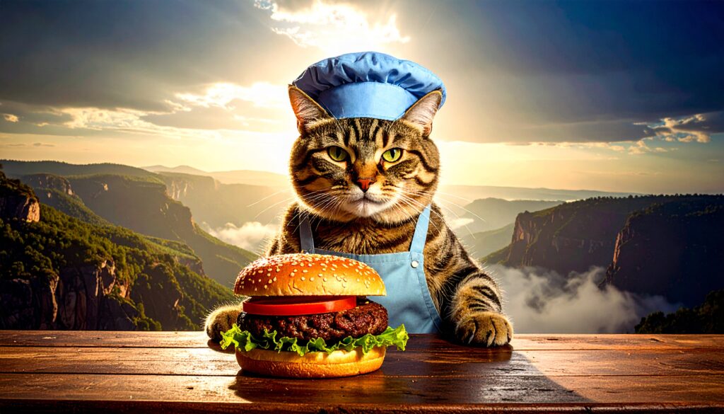 Mit Adobe Firefly Image 4 generiertes Bild einer Katze und einem großen Burger