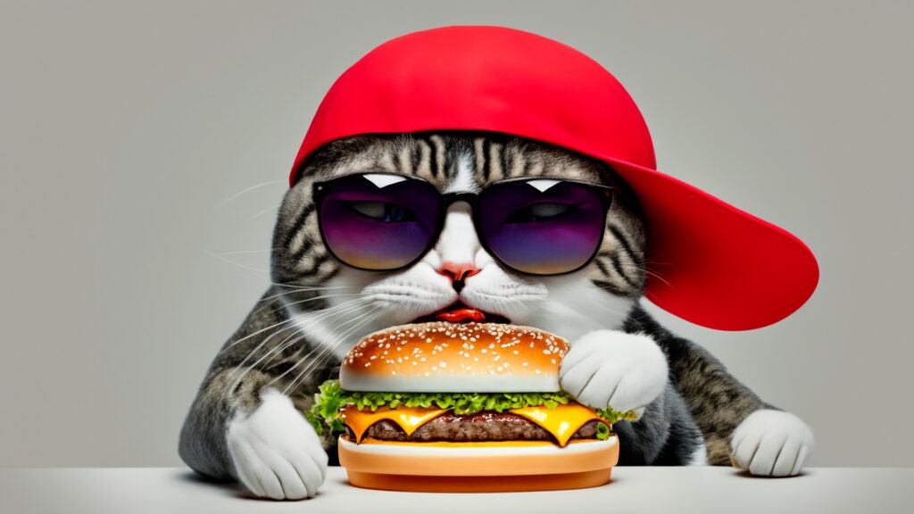 Adobe AI generiert Image Firefly - Katze mit roter Mütze und Cheeseburger