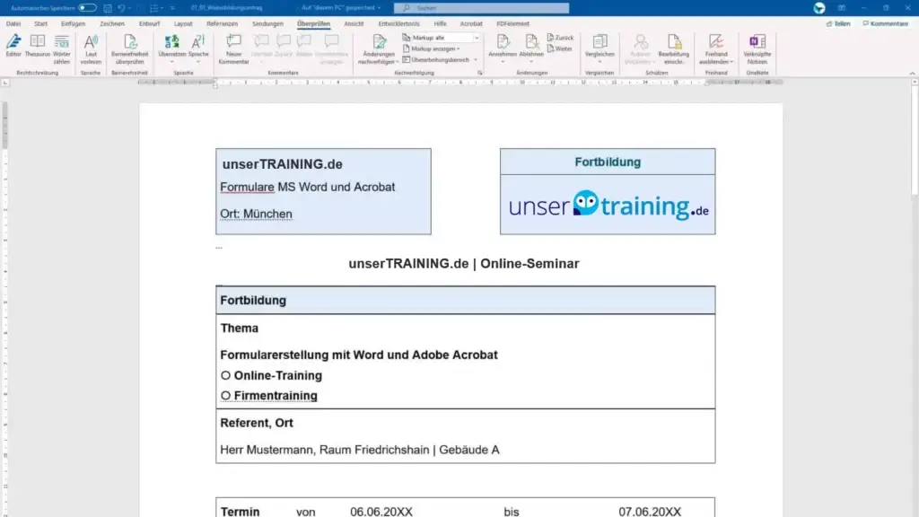 Barrierefreie Formulare mit Microsoft Word und Adobe Acrobat DC Online Schulung unsertraining,de