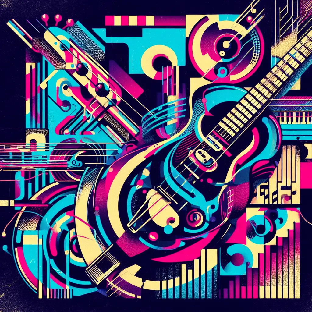 Mit der KI DALL E3 generiertes Bild, Collage Musikinstrumente, Prompt Schulung