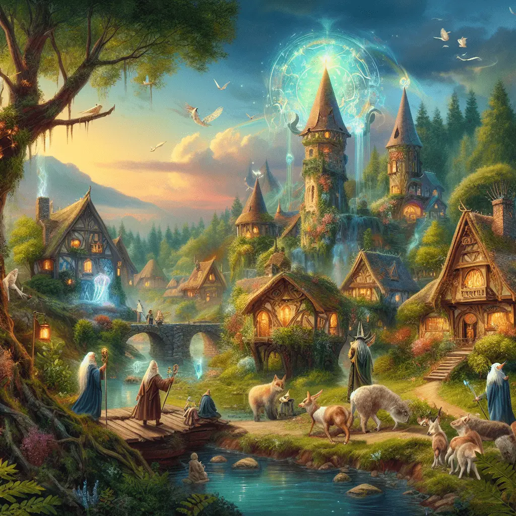 Mit der KI DALL E3 generiertes Bild, Fantasy, Elfendorf, Prompt Schulung Beispiel