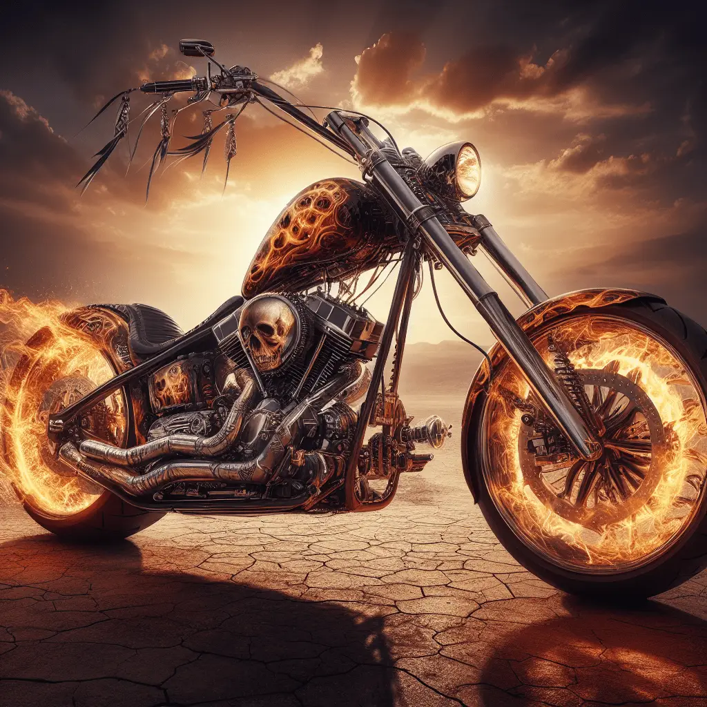 Mit DALL E3 AI generiertes Bild,  Motorrad, Chopper, Harley, Feuer, Prompt, Schulung Beispiel