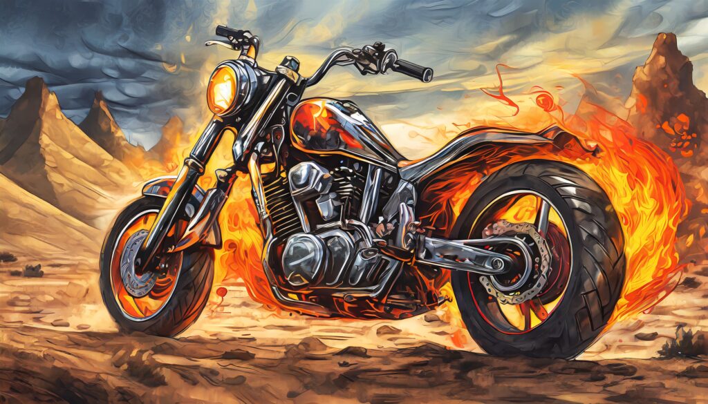 Mit Adobe Firefly AI generiertes Bild,  Motorrad, Chopper, Feuer, Prompt, Schulung Beispiel