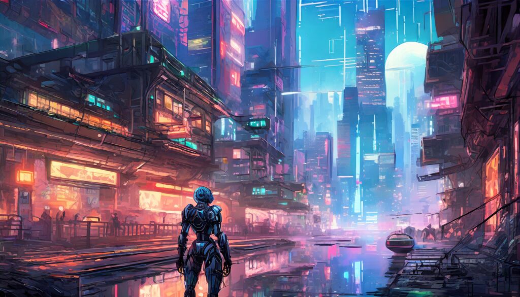 Mit der KI Adobe Firefly generiertes Bild, Cyberpunk, Prompt Schulung Beispiel 1