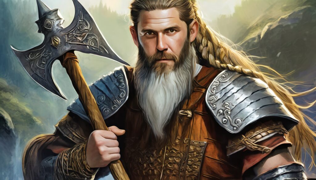 Mit Adobe Firefly generiertes Bild eines Kriegers mit Axt im Tolkien Look, Prompt Schulung