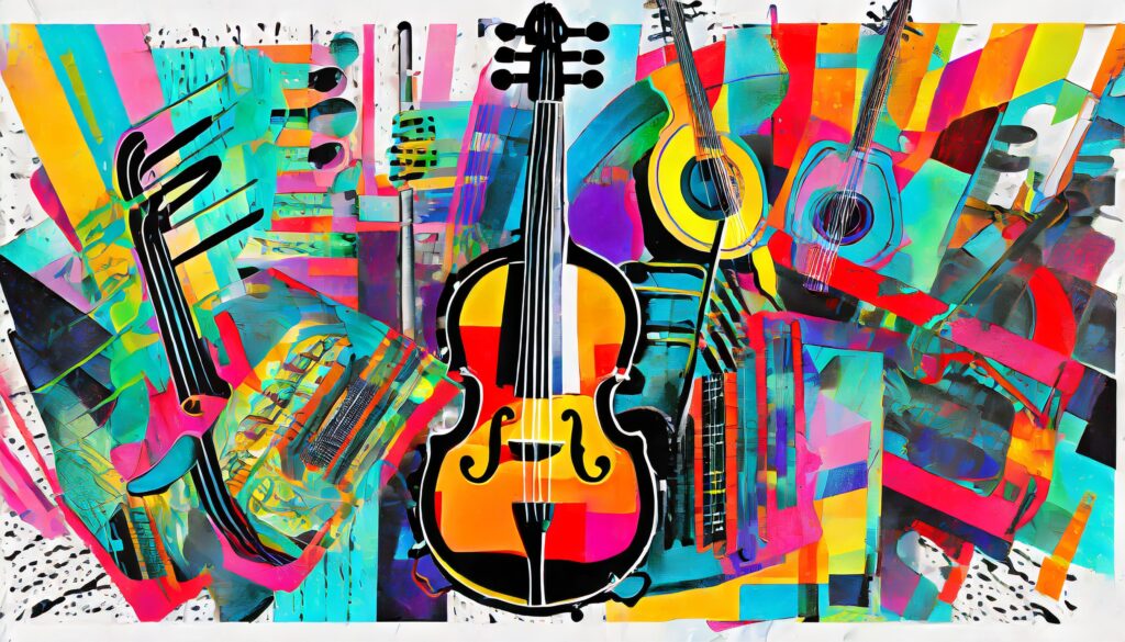 Mit der KI Adobe Firefly generiertes Bild, Collage Musikinstrumente, Prompt Schulung