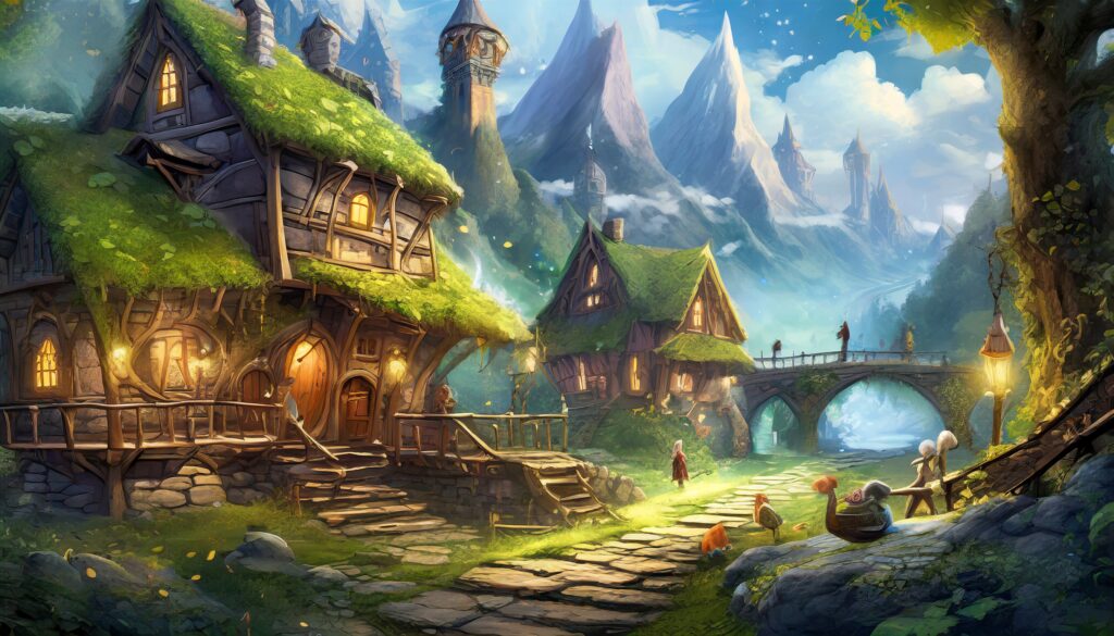 Mit der KI Adobe Firefly generiertes Bild, Fantasy, Elfendorf, Prompt Schulung Beispiel 3
