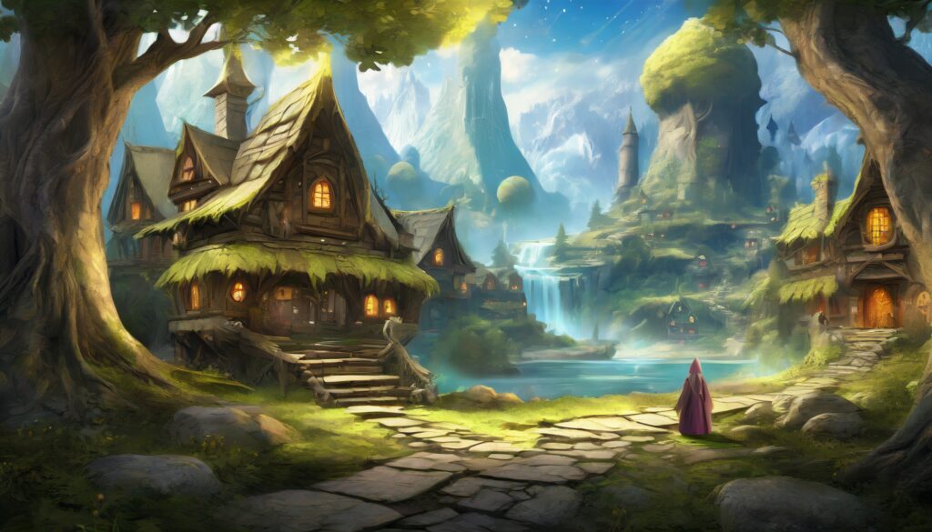 Mit der KI Adobe Firefly generiertes Bild, Fantasy, Elfendorf, Prompt Schulung Beispiel 4