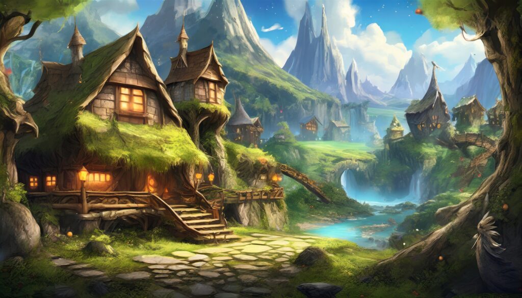 Mit der KI Adobe Firefly generiertes Bild, Fantasy, Elfendorf, Prompt Schulung Beispiel 2