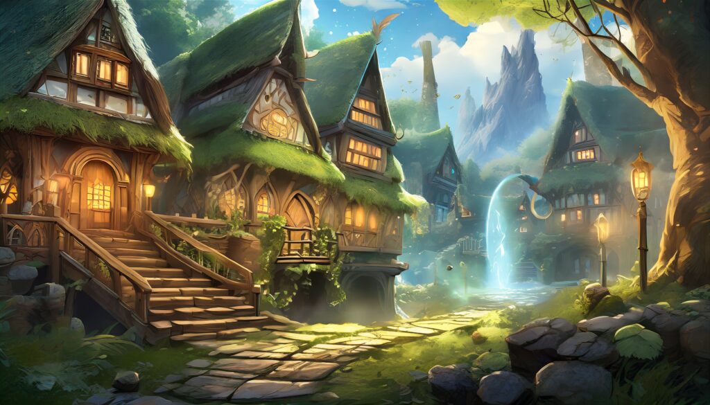 Mit der KI Adobe Firefly generiertes Bild, Fantasy, Elfendorf, Prompt Schulung Beispiel 1