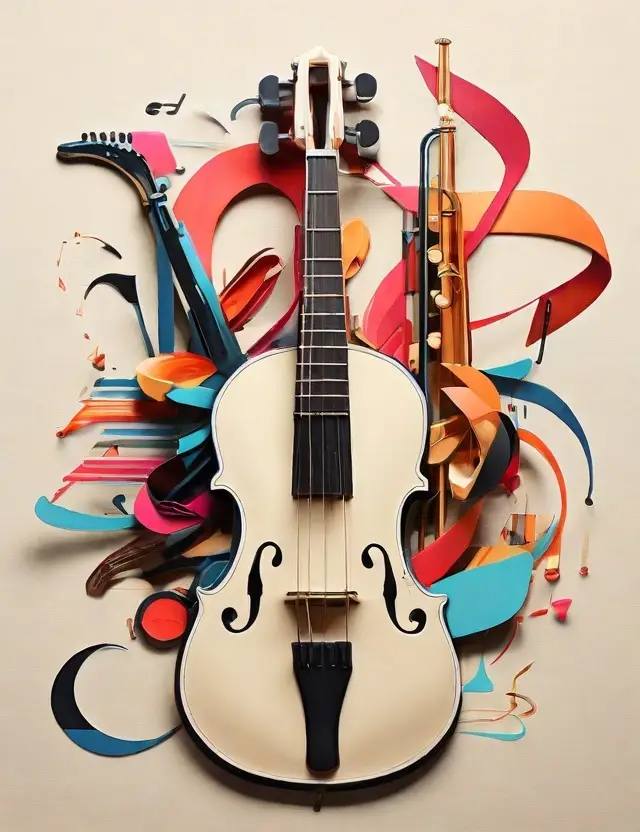 Mit der KI Leonardo AI generiertes Bild, Collage Musikinstrumente, Prompt Schulung
