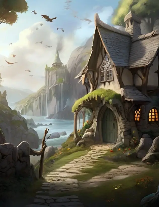 Mit der KI Leonardo AI generiertes Bild, Fantasy, Elfendorf, Prompt Schulung Beispiel