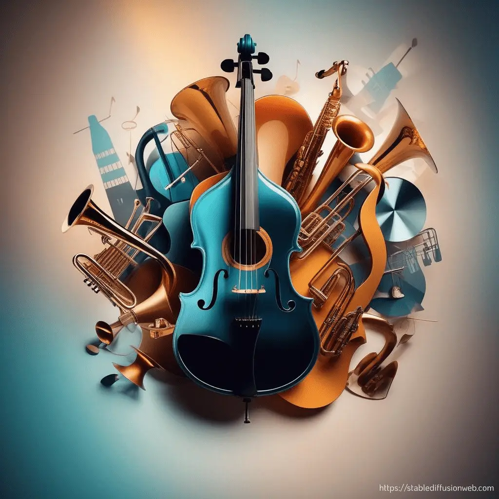 Mit der KI Stable Diffusion generiertes Bild, Collage Musikinstrumente, Prompt Schulung