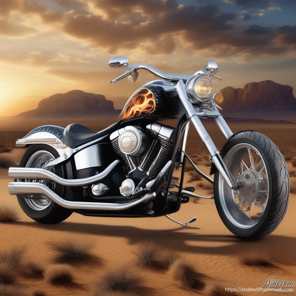 Mit Stable Diffusion AI generiertes Bild,  Motorrad, Chopper, Feuer, Prompt, Schulung Beispiel