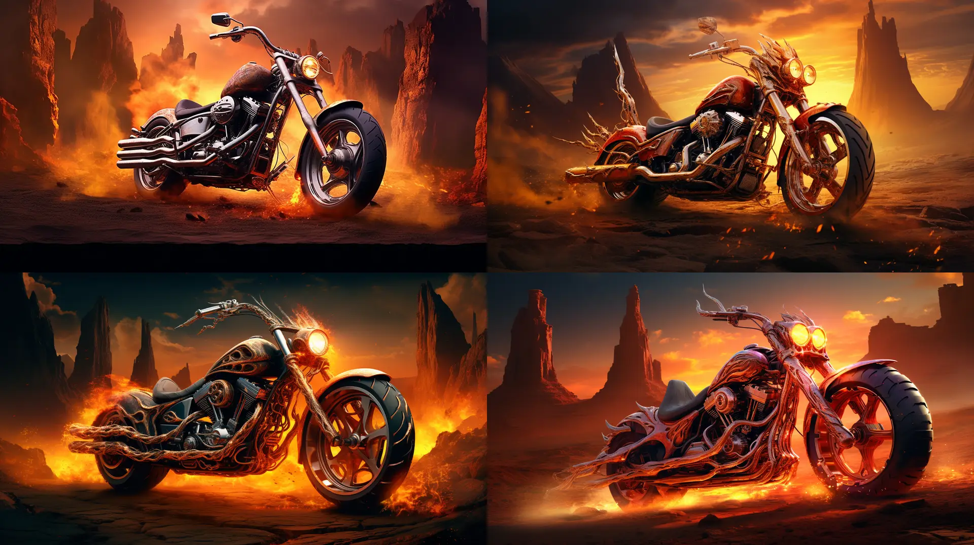 Mit Midjourney 5.2 AI generiertes Bild,  Motorrad, Chopper, Feuer, Prompt, Schulung 