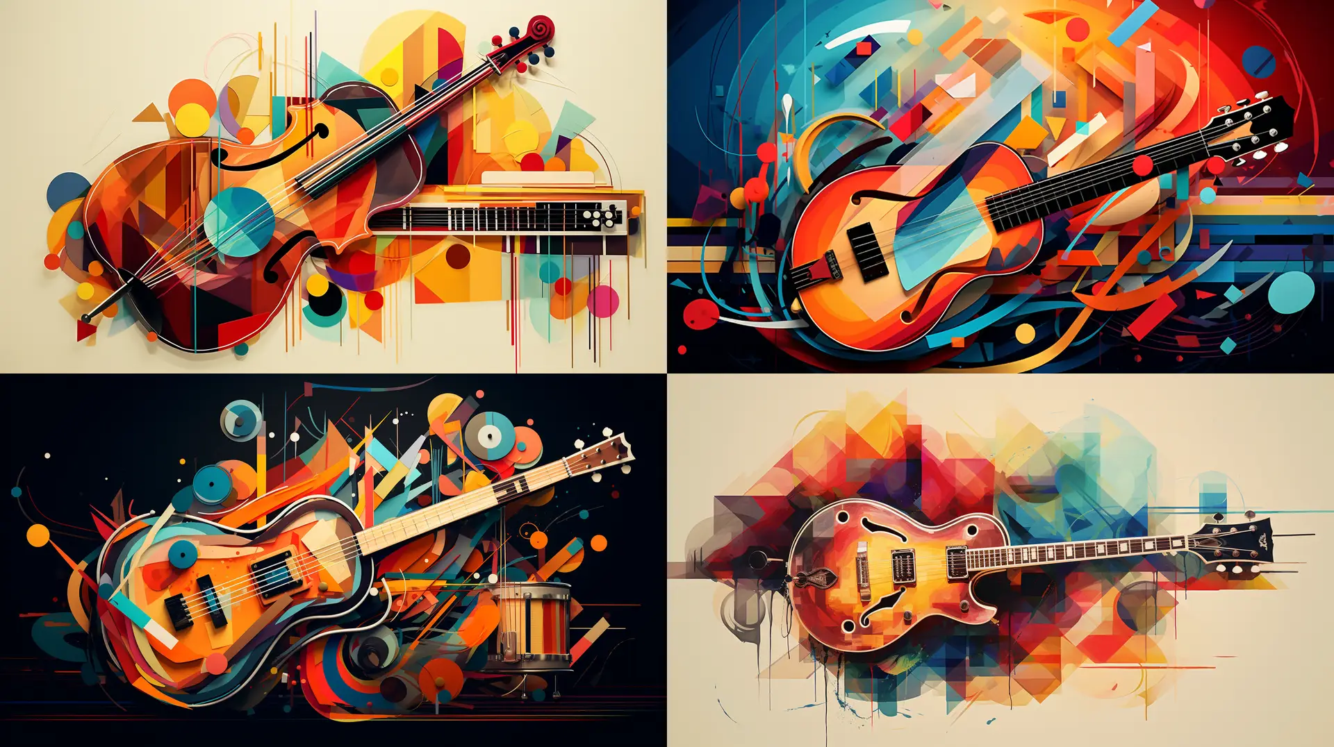 Mit der KI Midjourney 5.2 generiertes Bild, Collage Musikinstrumente, Prompt Schulung