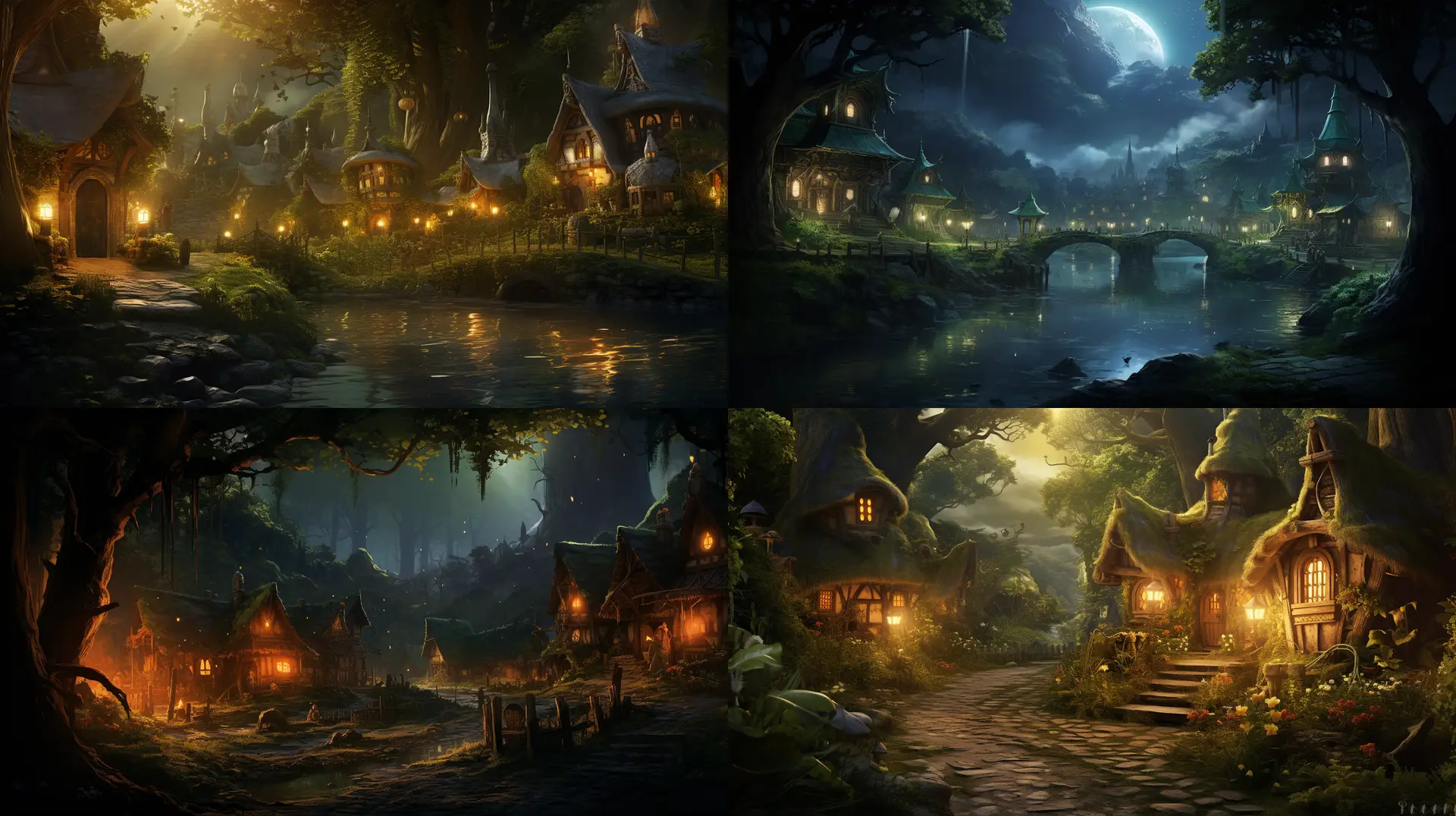 Mit der KI Midjourney 5.2 generiertes Bild, Fantasy, Elfendorf, Prompt Schulung Beispiel