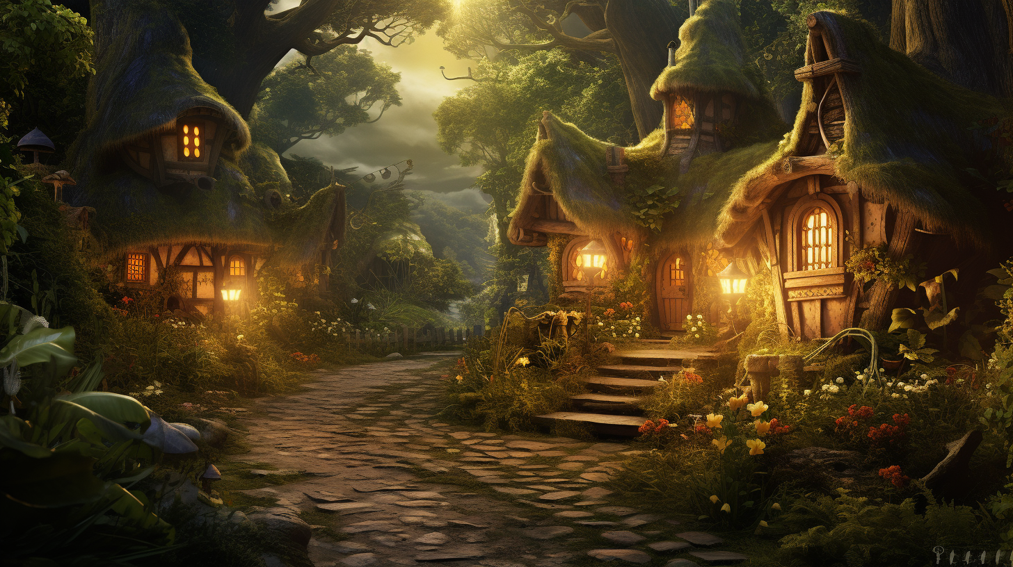 Mit der KI Midjourney 5.2 generiertes Bild, Fantasy, Elfendorf, Prompt Schulung Beispiel