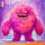 Firefly a photo of a big pink fur monster standing in a purple room 27263