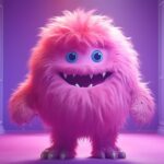 Firefly a photo of a big pink fur monster standing in a purple room 33518