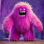 Firefly a photo of a big pink fur monster standing in a purple room 36040