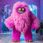 Firefly a photo of a big pink fur monster standing in a purple room 45141 (1)