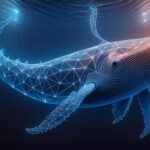 Firefly generate a whale looks like a wireframe or low poly construction under dark blue water with