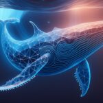 Firefly generate a whale looks like a wireframe or low poly construction under dark blue water with (1)