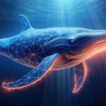 Firefly generate a whale looks like a wireframe or low poly construction under dark blue water with (2)