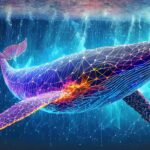 Firefly generate a whale looks like a wireframe or low poly construction under dark blue water with (4)