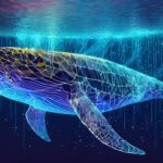 Firefly generate a whale looks like a wireframe or low poly construction under dark blue water with (5)