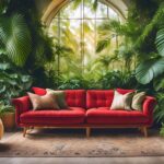 Firefly wohnzimmer mit vielen pflanzen und einem roten sofa 33518