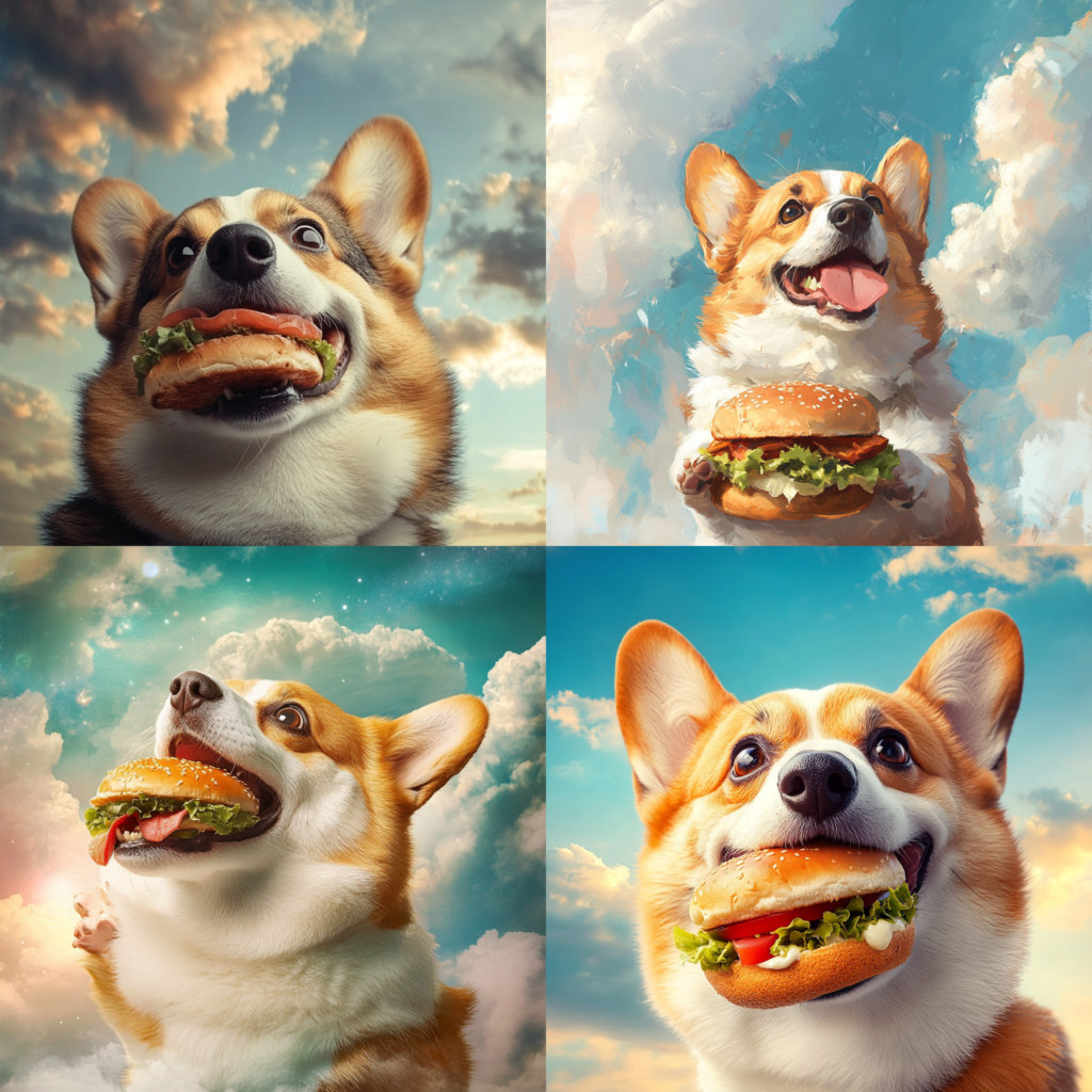 Fetter Hund mit einem Hamburger im Maul - lustiger Midjourney Prompt