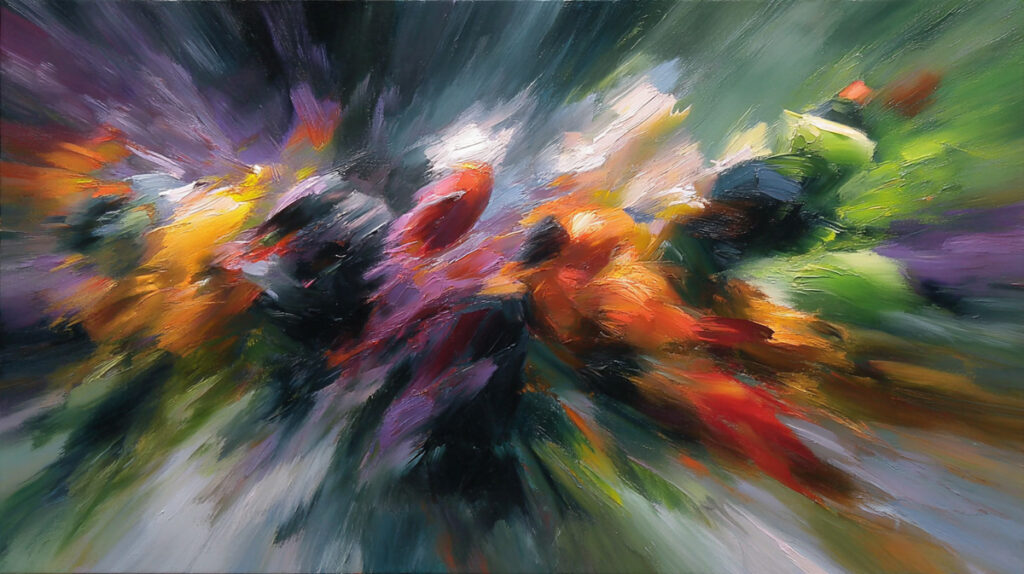 Midjourney Beispiel Prompt 2 Action Painting mit verschwommenen Bewegungen, die Geschwindigkeit und Energie einfangen, ausdrucksstarke Pinselstriche