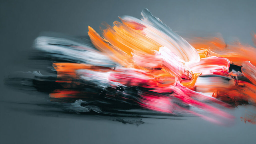 Midjourney Beispiel Prompt 3 Action Painting mit verschwommenen Bewegungen, die Geschwindigkeit und Energie einfangen, ausdrucksstarke Pinselstriche