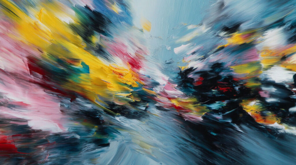 Midjourney Beispiel Prompt 4 Action Painting mit verschwommenen Bewegungen, die Geschwindigkeit und Energie einfangen, ausdrucksstarke Pinselstriche