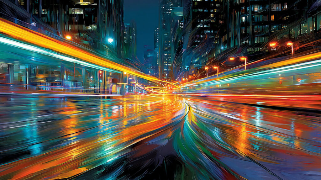 Midjourney City Licht Langzeitfotografie Dynamik Lichtmalerei Effekt Beispiel 2