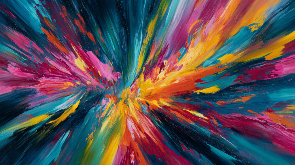 Midjourne Lebendiges Action Painting, das vor Bewegung explodiert, dynamische, verschwommene Pinselstriche Beispiel 3