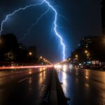 Firefly_A flash of blue lightning in a dark night; city street and the light 715563