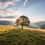 Firefly_Dreamlike summer grassland landscape with a big tree 704172