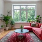 Firefly_Wohnzimmer mit vielen Pflanzen und einem roten Sofa 165062