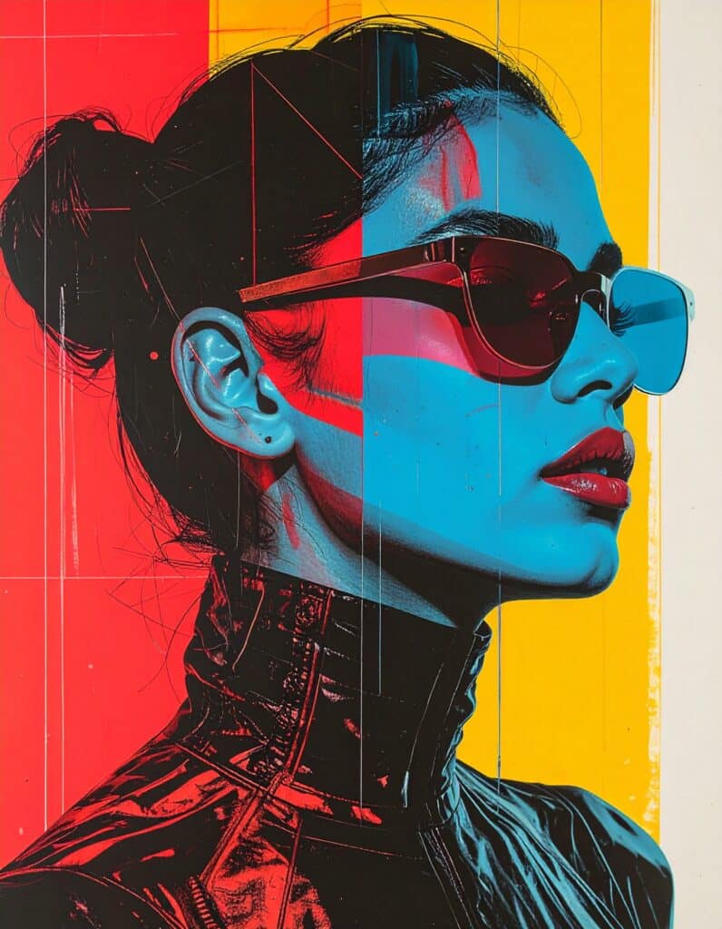 Firefly KI Generierung: Eine Lithografie einer Cyborg-Frau, gezeichnet mit einem geghosteten, lebendigen Offset, das leicht verschobene rote und cyanfarbene Silhouetten vermischt, um ein dynamisches 3D-Erscheinungsbild zu erzeugen. Dezente blaue und gelbe Überlagerungen verstärken das Gefühl wechselnder Perspektiven