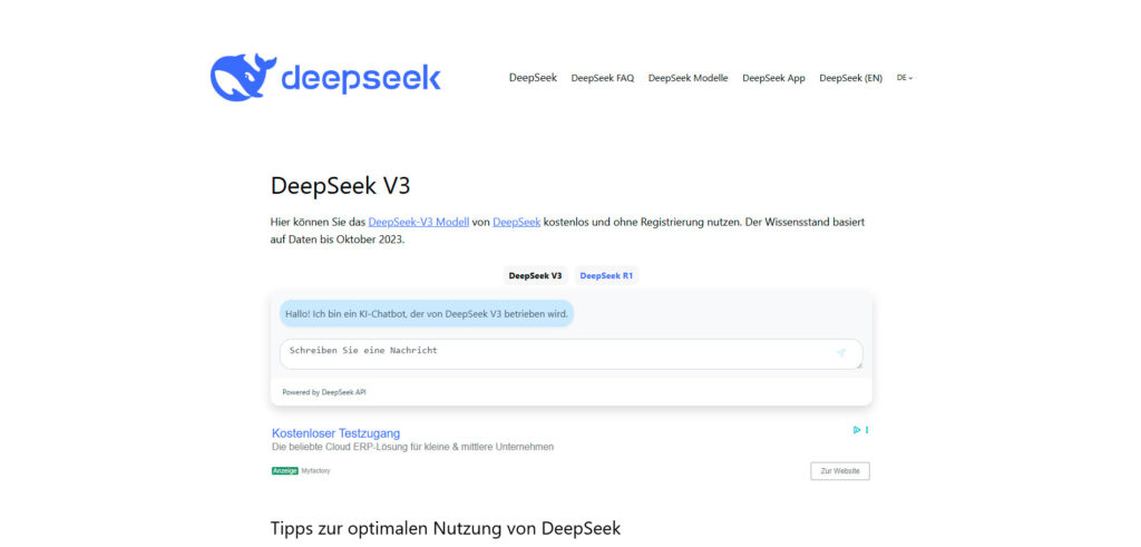 DeepSeek Schulung, Screenshot der DeepSeek Website